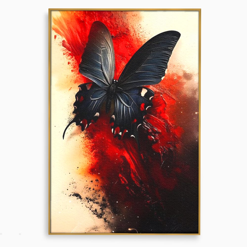 Tablou canvas cu tablou canvas cu fluture negru si fundal rosu, in rama de aluminiu auriu